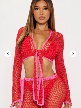 Crochet Tie-Front Top with Pink Trim & matching pant set ~ Coachella festival